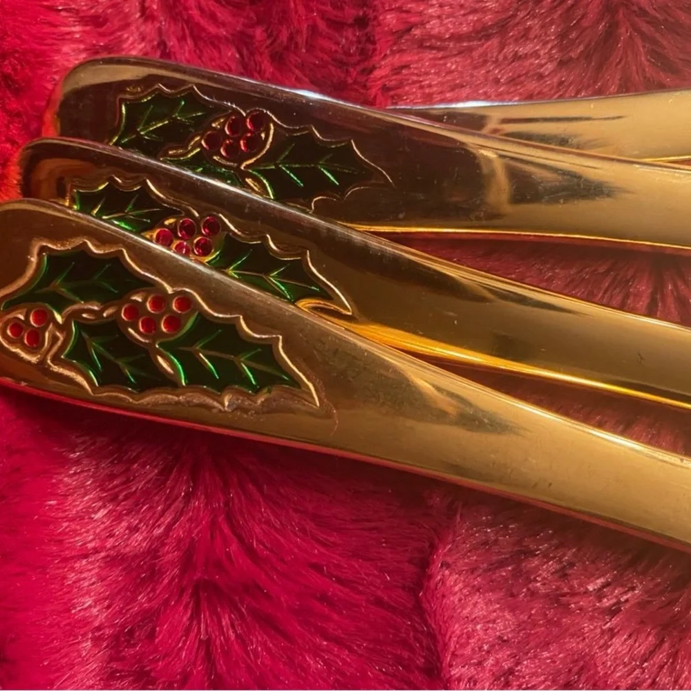 Christmas Silverware - Gold and Green Holly Flatware Set - Picture 2 of 3